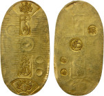 JAPAN: Tenpo, 1830-1844, AV koban (11.28g), Edo mint, H-8.24, JNDA-09-21, fan-shaped kiri crest above and below, ichi ryo at top, Mitsutsugu signature...