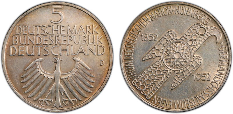 GERMANY: Federal Republic, AR 5 mark, 1952-D, KM-113, J-388, Centennial of the G...