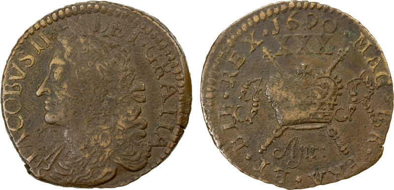 IRELAND: James II, 1685-1688, AE ½ crown (11.21g), April 1690, KM-95, Spink-6579...