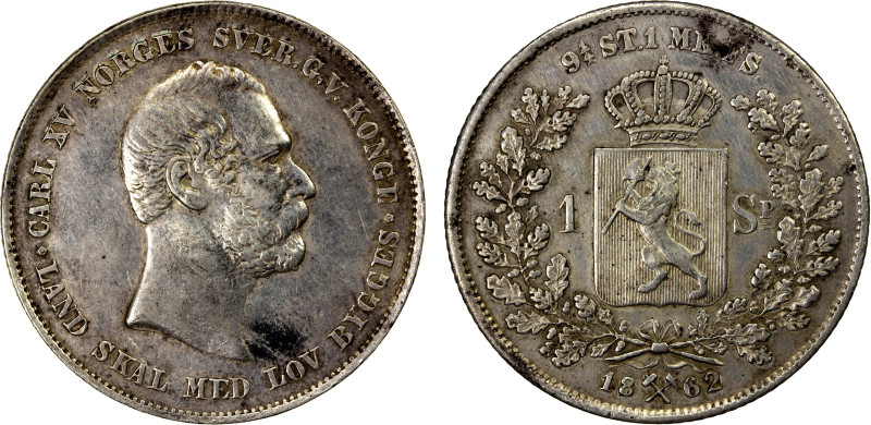 NORWAY: Carl XV, 1859-1872, AR specie daler, 1862, KM-323, a few small toning bl...