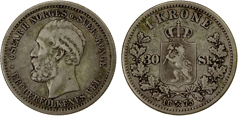 NORWAY: Oscar II, 1872-1907, AR krone/30 skilling, 1875, KM-351, one-year type, ...