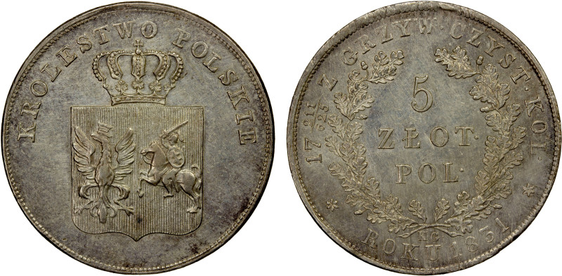 POLAND: Nicholas I, 1825-1855, AR 5 zlotych, 1831, Cr-124, initials KG, Revoluti...