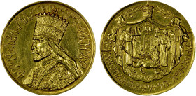 ETHIOPIA: Haile Selassie I, 1930-1974, AV medal (6.65g), ND, Gill-S14, crowned bust right // throne of Solomon between two angels, Bible above, Lion o...