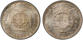 MOZAMBIQUE: Portuguese Colony, AR 2½ escudos, 1938, KM-Pn8, G-E5.02, stamped PROVA, a fantastic quality specimen example! PCGS graded Specimen 66.
Es...