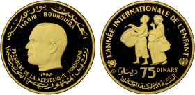 TUNISIA: Republic, AV 75 dinars, 1982, KM-317, Fr-25, International Year of the Child, mintage of only 4,518 pieces, Choice Proof, S.
Estimate: USD 7...