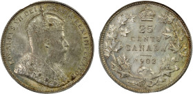 CANADA: Edward VII, AR 25 cents, 1902-H, KM-11, a wonderful mint state example! PCGS graded MS64.
Estimate: USD 550 - 650