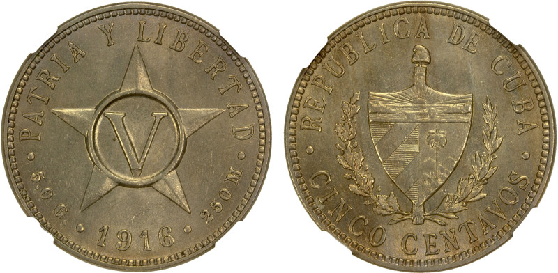 CUBA: Republic, 5 centavos, 1916, KM-11.1, key date, lustrous with nice colorati...