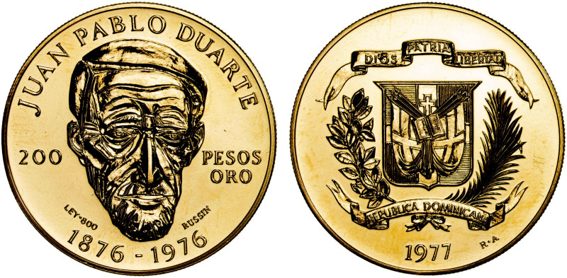 DOMINICAN REPUBLIC: Republic, AV 200 pesos, 1977, KM-47, Centennial of the Death...
