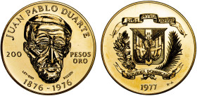 DOMINICAN REPUBLIC: Republic, AV 200 pesos, 1977, KM-47, Centennial of the Death of Juan Pablo Duarte, a few wispy hairlines, mintage of only 1,000 bu...