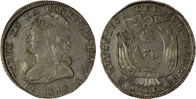 ECUADOR: Republic, AR 2 reales, 1848/7, KM-33, assayer GJ, natural depression to left of bust, bold overdate (and better date), lustrous, EF to About ...
