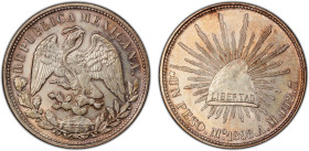 MEXICO: Republic, AR peso, 1898-Mo, KM-409.2, assayer AM, restrike made in San Francisco in 1949, reverse with 134 beads, a wonderful mint state examp...