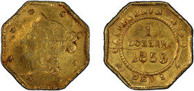 UNITED STATES: California Fractional Gold, AV dollar, 1853, BG-518, PCGS graded Unc details, Octagonal Liberty Head type; eight-pointed stars; first s...