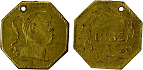 UNITED STATES: AV California "quarter dollar" (0.20g), 1882, cf. Heritage Auction 1136, Lot 3385; cf. Mike Locke Wreath #9, About Unc, 9.23mm octagona...