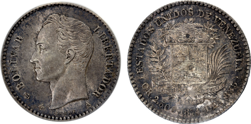 VENEZUELA: Republic, AR 10 centavos, 1874-A, Y-13, struck at the Paris mint, an ...