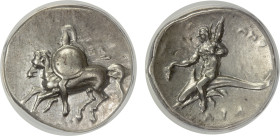 CALABRIA: Tarentum, AR didrachm (nomos), ca. 280-272 BC, Vlasto-790-91, HNI-1013, magistrates Zo-, Apollo- and Anth-, warrior on horseback left, holdi...