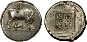 CORCYRA: AR stater (10.44g), ca. 350/30-290/70 BC, HGC-6/37, SNG Copenhagen-157 (same obverse die), cow standing right, looking back at calf suckling ...