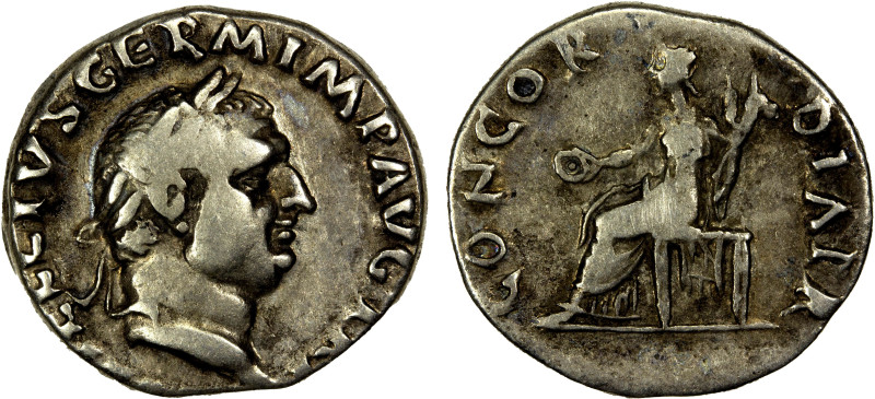 ROMAN EMPIRE: Vitellius, 69 AD, AR denarius (3.20g), Rome, RIC-90, laureate head...