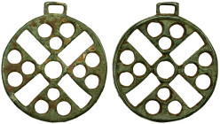 SEMIRECH'E: Nestorian bronze charm (22.42g), 47.6mm; saltire Christian cross, with three circular holes in each of the four arcs and with loop for sus...