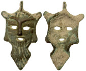 SEMIRECH'E: bronze charm (7.41g), facing head, with beard, used as a symbolic mask, 41x24mm, VF.
Estimate: USD 70 - 100