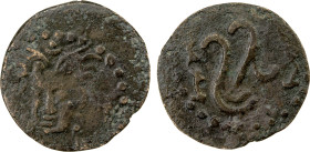 USTRUSHANA: Satachary II, 6th/7th century, AE unit (2.07g), Zeno-76686, Sasanian-style bust, winged crown, turned slightly to the left // double tamgh...