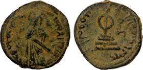 ARAB-BYZANTINE: Standing Caliph, ca. 692-697, AE fals (4.95g), Dimashq, A-3540.2, TG-90/93, very rare type with the actual caliph 'Abd al-Malik cited ...