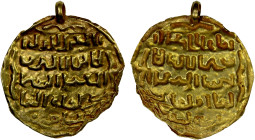 CENTRAL ASIA: Anonymous, ca. 12th/14th century, AV burial token (0.27g), A-3850, bracteate burial token imitating an Islamic gold coin, but with illeg...