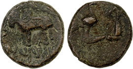 AYODHYA: Ayumitra, ca. 300 AD, AE round unit (1.47g), Pieper-1065 (this piece), bull left, Brahmi legend ayumitrasa // peacock right, palm tree to rig...