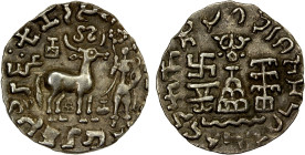 KUNINDA: Amoghabuti, 2nd/1st century BC, AR drachm (2.23g), Pieper-1211; Kumar type I, 10b, deer with Lakshmi, Brahmi legend around, plus conch, hill ...