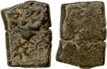 MALWA: Punchmarked, ca. 3rd century BC, AE rectangular unit (6.4g), Pieper-311 (this piece), six-armed symbol, sun and crescents-around-circle, VF to ...