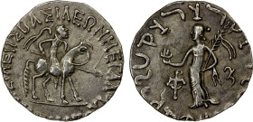 INDO-SCYTHIAN: Azilises, ca. 57-35 BC, AR tetradrachm (7.86g), Senior-56.26T, king on horseback right, holding whip // Tyche standing left, holding la...