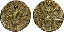 KUSHAN: Kipunada, ca. 350-375, AV dinar (7.46g), Mitch-3584/88, king standing left, holding trident and sacrificing over altar, Na in Brahmi to right ...