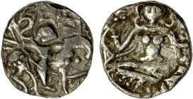 KASHMIR: Harshadeva, 1089-1101, AR drachm (3.06g), cf. JONS-208 (2011), pp.28-33, man, wearing angular headdress and holding spear, seated on horsebac...
