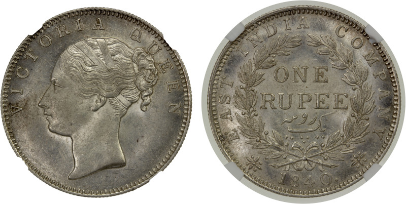 BRITISH INDIA: Victoria, Queen, 1837-1876, AR rupee, 1840(b/c), KM-457.3, S&W-2....