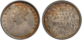 BRITISH INDIA: Victoria, Empress, 1876-1901, AR ½ rupee, 1882-C, KM-491, S&W-6.183, curved spikes variety, an attractive nearly mint state example, PC...