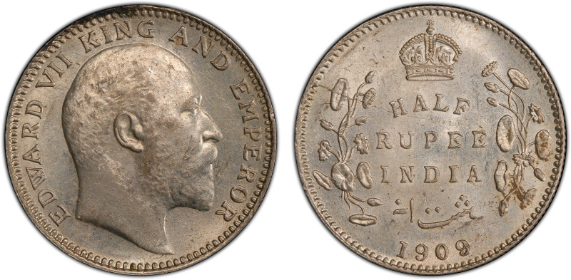 BRITISH INDIA: Edward VII, 1901-1910, AR ½ rupee, 1909(c), KM-507, S&W-7.68, a l...