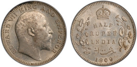 BRITISH INDIA: Edward VII, 1901-1910, AR ½ rupee, 1909(c), KM-507, S&W-7.68, a lovely mint state example, PCGS graded MS63.
Estimate: USD 150 - 250