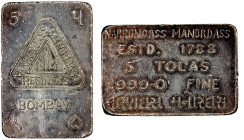 INDIA: Ingots, AR 5 tola bar (58.40g), ND, 26mm x 39mm, NARRONDASS MANORDASS REFINERS in triangle, BOMBAY below // same name, ESTD. 1782, 5 TOLAS 999....