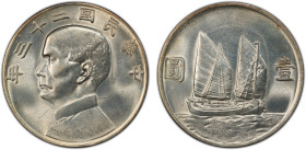 CHINA: Republic, AR dollar, year 23 (1934), Y-345, L&M-345, K-624, Sun Yat Sen // Chinese junk under sail, lightly cleaned, PCGS graded Unc details.
...