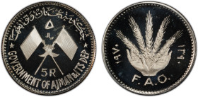 AJMAN: Rashid Bin Hamad al-Naimi, 1928-1981, AR 5 riyals, 1970/AH1390, KM-26, F.A.O. issue, PCGS graded Proof 68 DCAM.
Estimate: USD 125 - 175