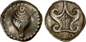BURMA: Hamsavati, AR unit (10.04g), ca. 5th century, Mahlo-15b, conch shell (sankha), with tentacles at the top, open to the left // srivatsa with ank...