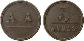 CEYLON: AE 3 annas token (3.08g), ND (1895), Prid-4A, Lowsley-1, 23mm bronze merchant token; A. A. // 3 ANNAS, VF, R. Listed in Pridmore, Part 4, Indi...
