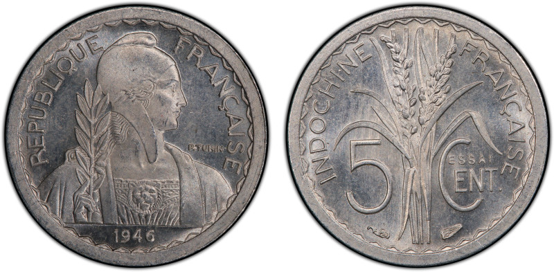 FRENCH INDOCHINA: 5 centimes, 1946, KM-E40, Lec-126, ESSAI, mintage of only 1,10...