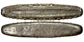 LAOS: Lan Xang, AR 2 tamlung (99.23g), 1591-1707, cf. Mitch-3002, 108mm, "tiger tongue" ingot coinage (lat), stamped with three circular symbols, a ra...