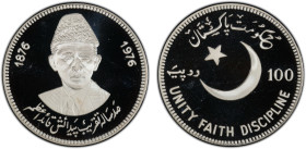 PAKISTAN: Islamic Republic, AR 100 rupees, 1976, KM-41, 100th Birthday of Mohammad Ali Jinnah, mintage of only 2,800 coins, with original case of issu...