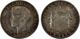 PHILIPPINES: Alfonso XIII, 1886-1898, AR peso, 1897, KM-154, lustrous surfaces with light purple toning, small marks, Choice About Unc. This is the on...