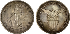 PHILIPPINES: U.S. Territory, AR peso, 1903, KM-168, lightly cleaned, has retoned nicely, only 2,558 pieces struck in proof, Proof, S.
Estimate: USD 1...