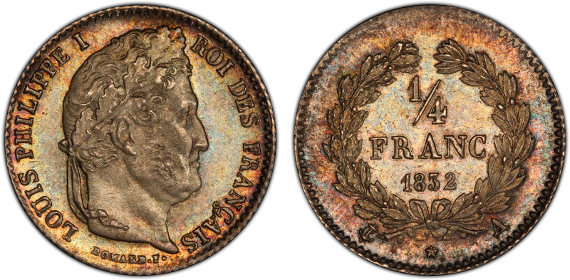 FRANCE: Louis Philippe I, 1830-1848, AR ¼ franc, 1832-A, KM-740.1, Gad-355, a su...