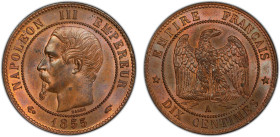 FRANCE: Napoleon III, 1852-1870, AE 10 centimes, 1855-A, KM-771.1, Gad-248, F-133, a wonderful mostly red lustrous example! PCGS graded MS64 RB, ex Jo...