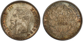FRANCE: Napoleon III, 1852-1870, AR 20 centimes, 1860-A, KM-778.1, Gad-305, F-148, a superb mint state example! PCGS graded MS65, ex Joe Sedillot Coll...