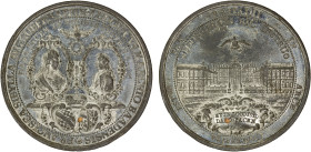 BADEN: Ludwig Georg, 1707-1761, medal (26.82g), 1714 (Chronogram), Zeitz-45, 44mm white metal medal on the Peace of Rastatt by G.W. Vestner, busts of ...